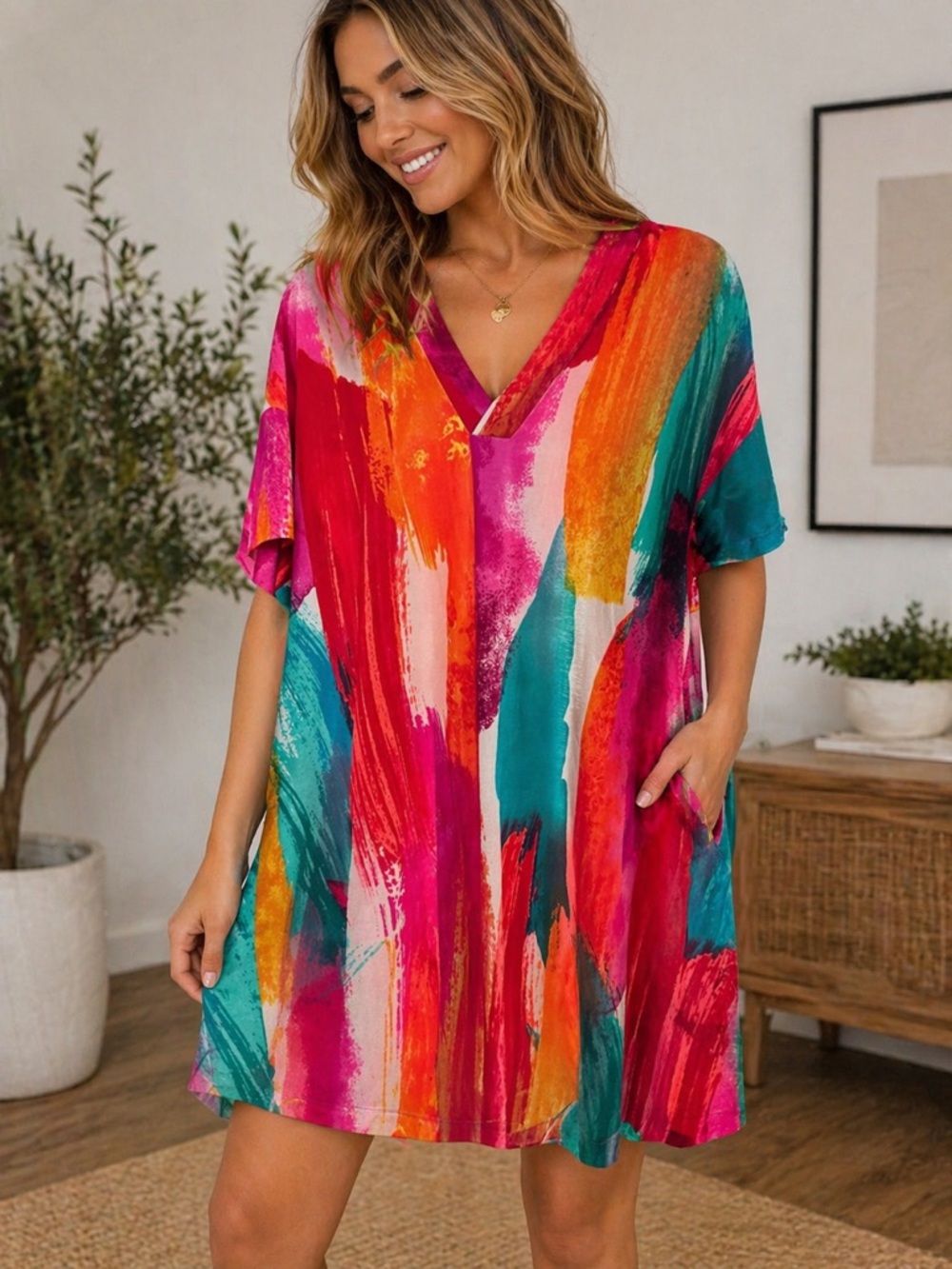💃🏼 NWT Vibrant Brushstroke V-Neck Tunic Dress